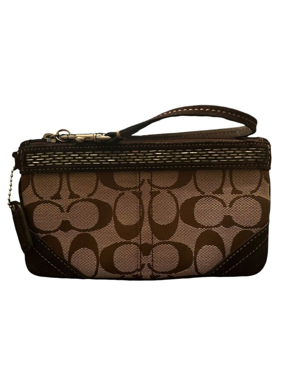 WR38. Coach signature wristlet pouch w/beaded accent and suede trim